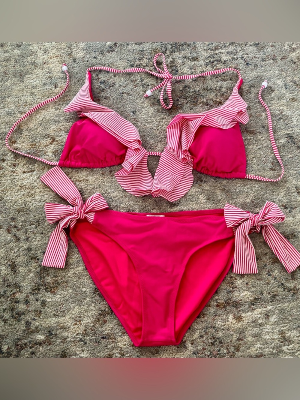 Jessica Simpson Striped Ruffle Tie Bikini Set in Hot Pink women large